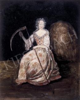 Ismeretlen festő, 18. század - Selyemruhás hölgy kaszával 