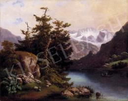 Ledely, Joseph - Landscape in the Alps with a Lake with Hunters in a Boat 