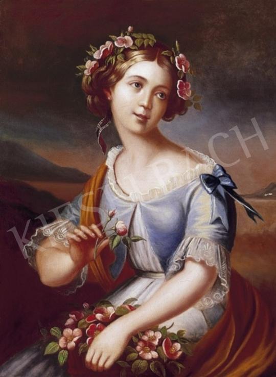Ismeretlen festő, 1850 körül - Fiatal lány virágokkal | 3. Aukció aukció / 274 tétel