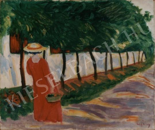  Czigány, Dezső - Red Dressed Lady on a Sunny Street painting
