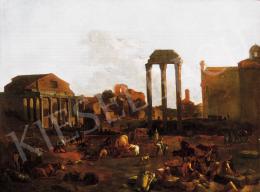 Workshop Jan van Ossenbeeck (Rotterdam, 1624  - Dawn Marketers on the Forum Romanumon with the Church of Saturn and the  Tabularium in the Backgroun 