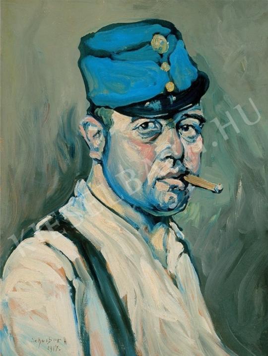 Scheiber, Hugó - Self-portrait with Soldier's hat painting