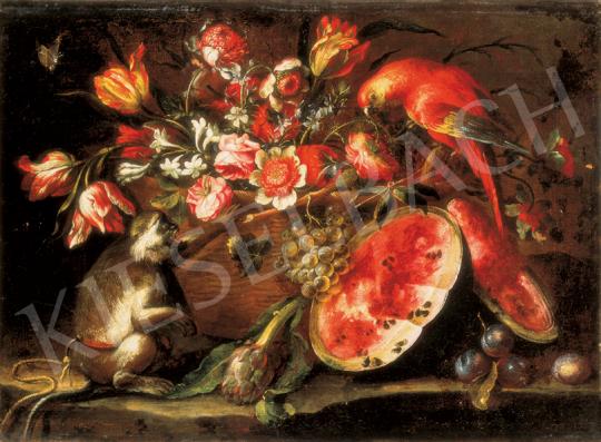 Észak-itáliai festő, 1700 körül - Virágcsendélet papagájjal | 26. Aukció aukció / 157 tétel