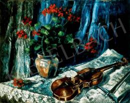 Schadl, János - Still Life with a Violin in front of Blue Background 