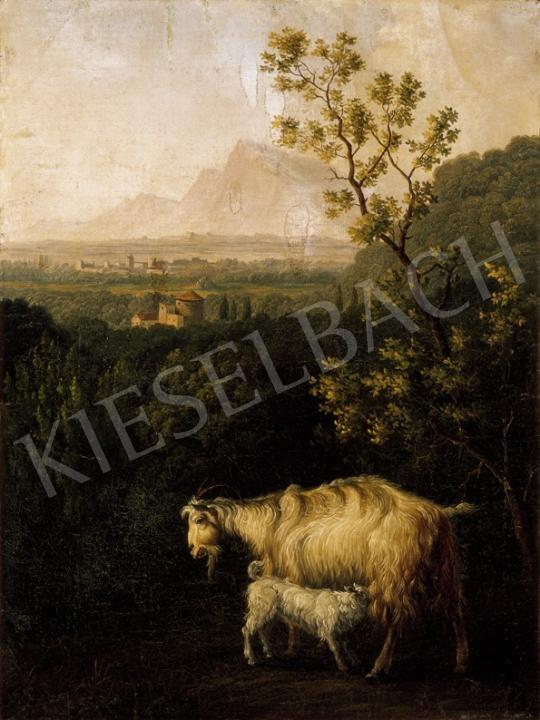 Német festő, 18. század - Távoli város látképe kecskékkel, 1800 körül | 23. Aukció aukció / 169 tétel