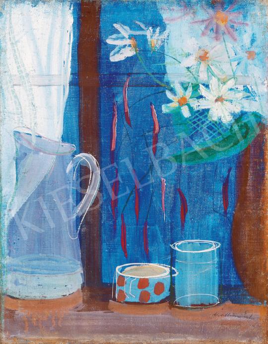 Mattioni Eszter - Csendélet ablakban fehér virágokkal, kancsóval és pöttyös bögrével | 30. jubileumi aukció aukció / 185 tétel