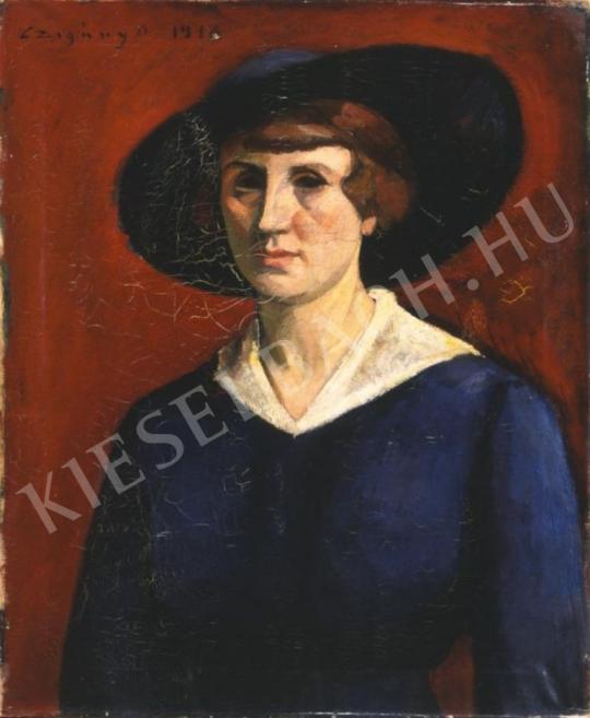  Czigány Dezső - Kalapos nő arcképe festménye