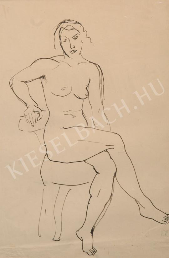  Kernstok Károly - Ülő női akt, jobb kezével a székre támaszkodva festménye
